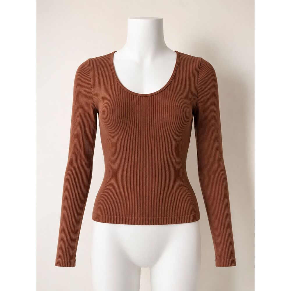 Bella Seamless Brown Ribbed Scoop Neck Long Sleeve Stretch Top Size S